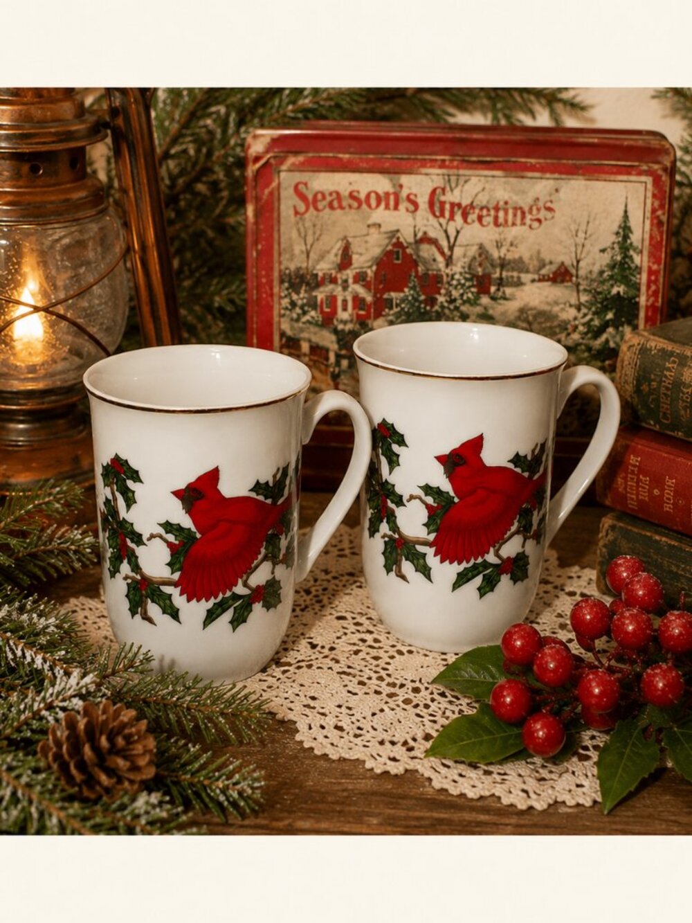 Vintage Cardinal Holly Christmas Coffee Mugs Set of 2 White Porcelain Gold Trim